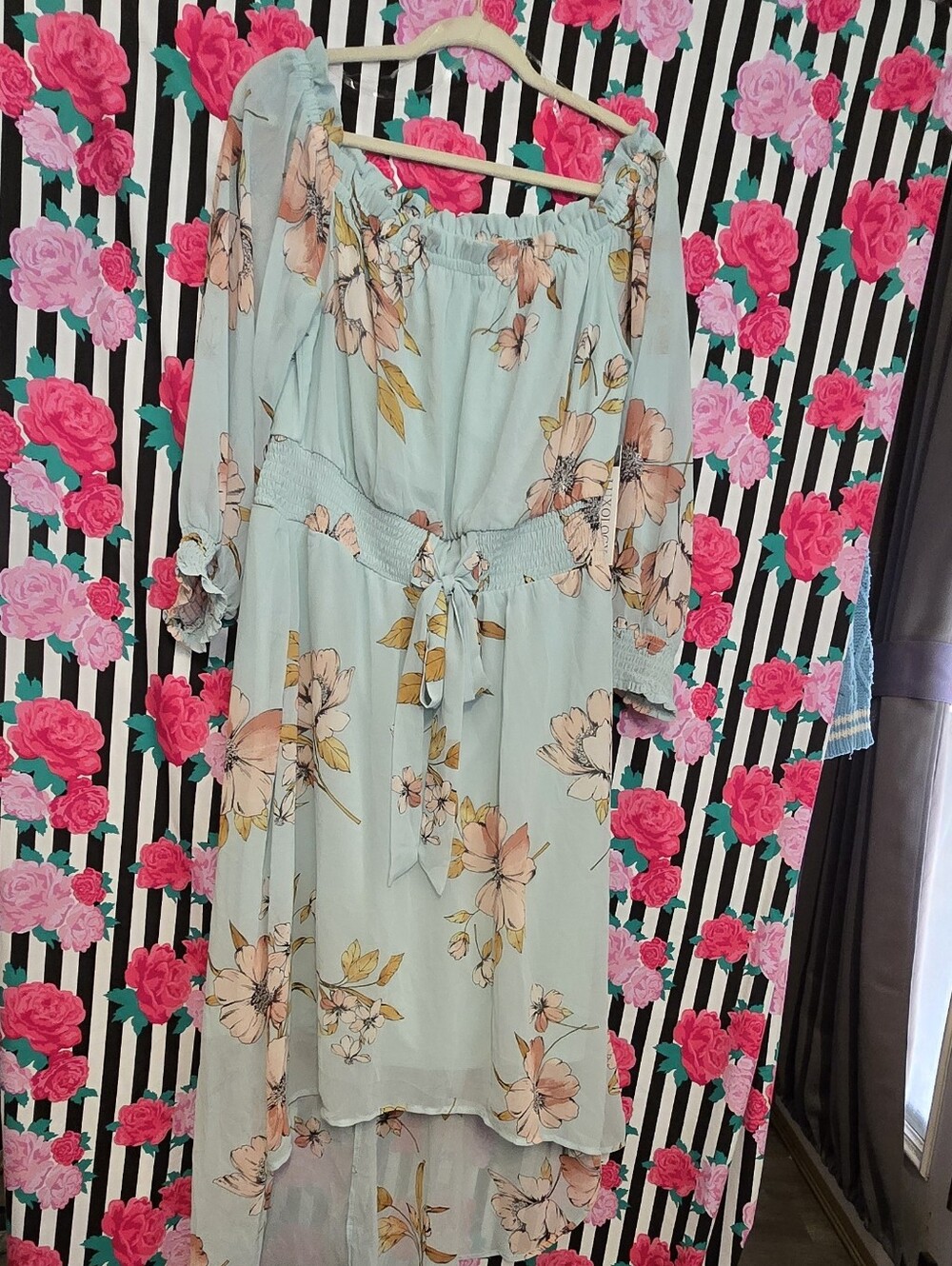 Luxology Light Blue Floral Maxi Dress with Pink Accent